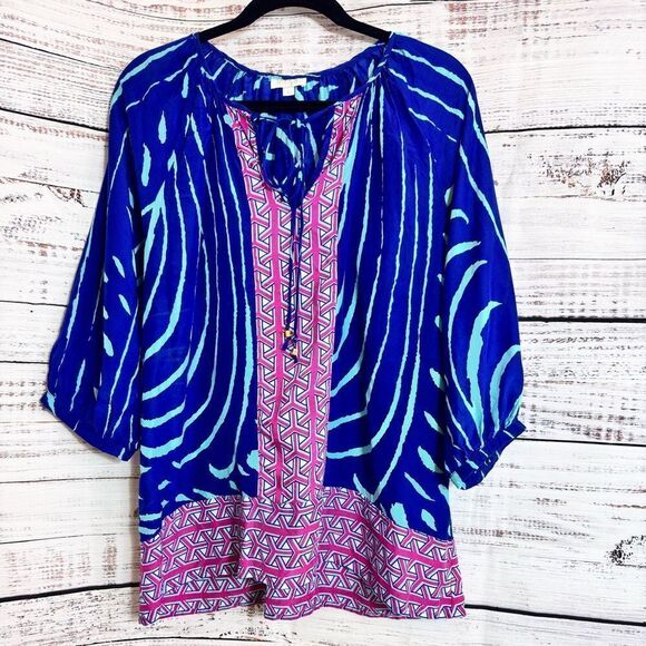 Britt Ryan top womens size Large silk Tencel blend zebra tunic Tassels Spring - Picture 1 of 11